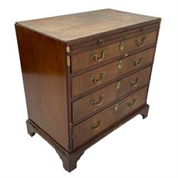 George III mahogany chest, banded caddy top with moulded edge, brushing slide over four graduating cock-beaded drawers, ornate cast gilt metal handle plates and escutcheons, swan neck handles cast with dolphins, shells and C-scrolls, lower moulding over bracket feet