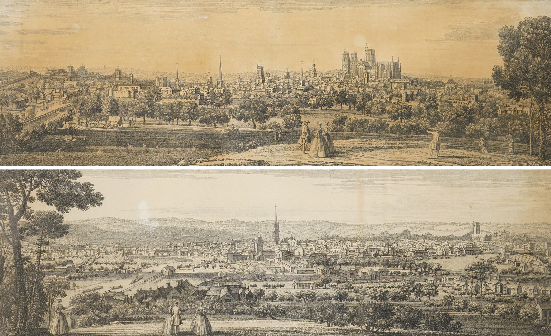 After Samuel Buck (British 1696-1779) and Nathaniel Buck (British fl. 1724-1759): 'The South East Prospect of the City of York' and 'The South East Prospect of Leeds in the County of York', pair of engravings pub. 1745, in matching frames 31cm x 82cm (2)
