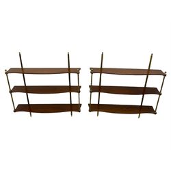 Pair of quality Regency design mahogany serpentine wall hanging shelves, three tiers, with cast brass fixtures, W77cm
