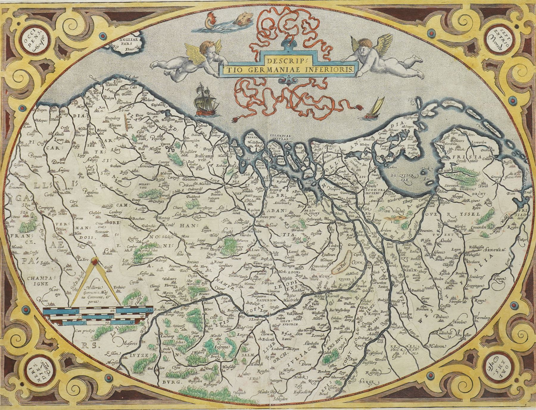 Abraham Ortelius (Belgian 1527-1598): 'Descriptio Germaniae Inferioris', 16th century engraved map with hand-colouring of the Low Countries pub, Theatrum Orbis Terrarum c.1580, good early impression with margins 41cm x 51cm