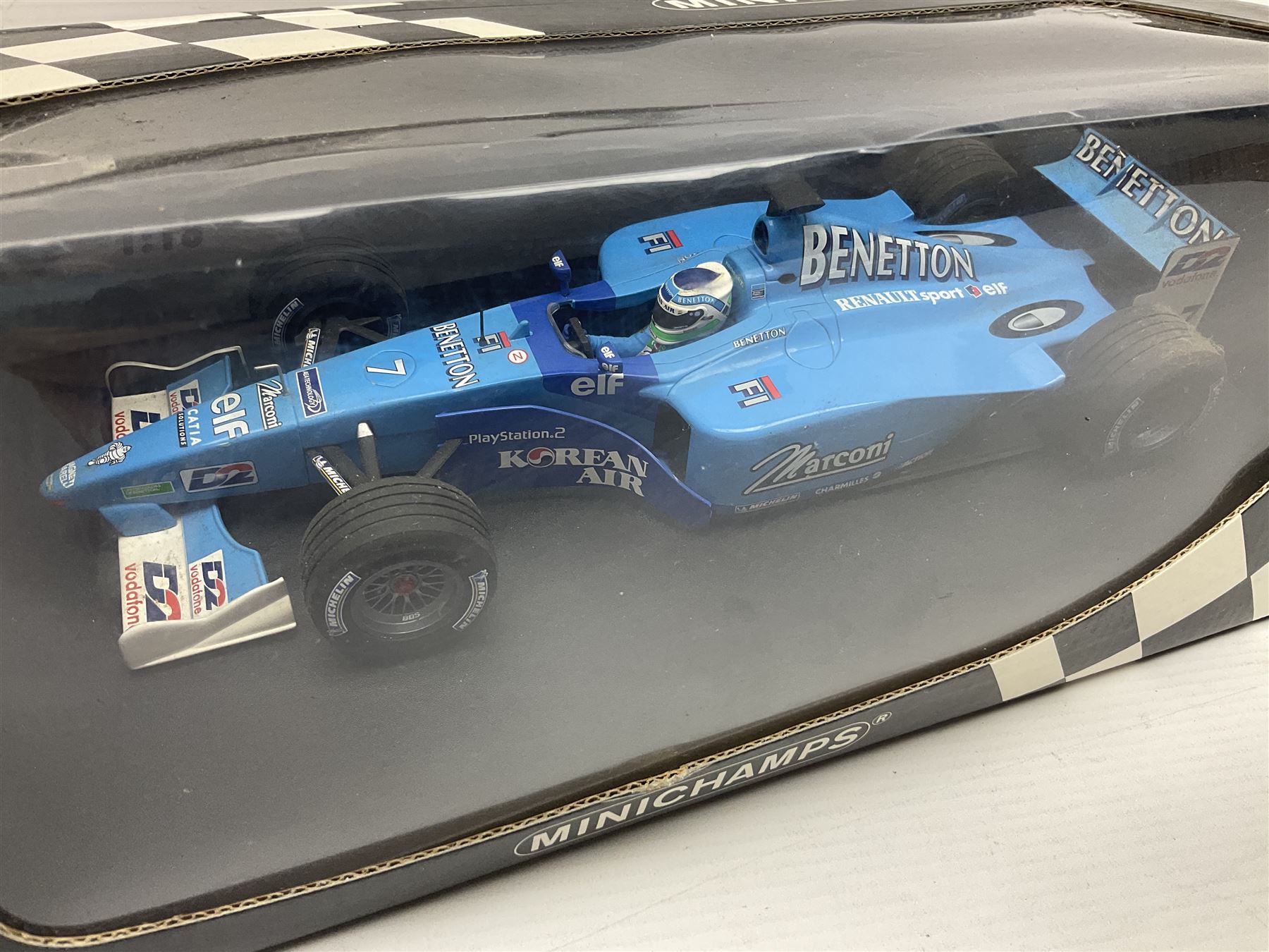 Three Minichamps 1:18 scale die-cast racing cars - B.A.R. Honda 006 J. Button; limited edition Benetton Renault Sport Showcar 2001 J. Button; and limited edition Benetton Renault Sport Showcar 2001 G. Fisichella; all boxed (3)
