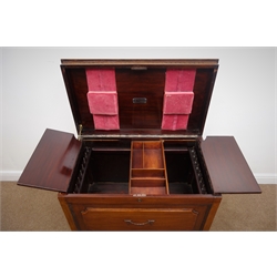  Early 20th century walnut work/sewing cabinet, hinged moulded top enclosing fitted interior with plaque dated '1927', panelled front with carved swag above two drawers on cabriole legs, W80cm, H84cm, D48cm  