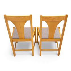 Habitat - contemporary light oak dining table, rectangular veneered top, with mitred border veneer over square section legs, with six beech upholstered chairs in grey fabric, open back with central splat, raised on square section legs, W52xD44xH88cm