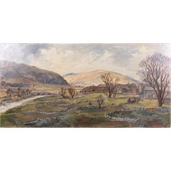 James Hardaker (British 1901-1991): Dales Landscape, oil on board signed 40cm x 81cm (unframed)