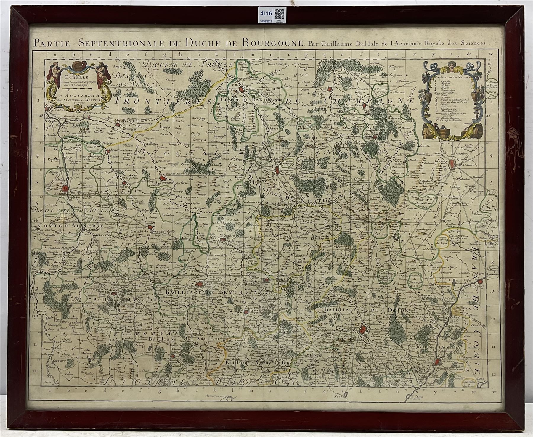 Guillaume Delisle (French 1675-1726): 'Carte du Partie Septentrionale du Duche de Bourgogne', 18th century engraved map, hand coloured, from an atlas pub. Covens and Mortier of Amsterdam c.1750, 52cm x 65cm
Provenance: with The Parker Gallery. Albermarle Street, London, label verso