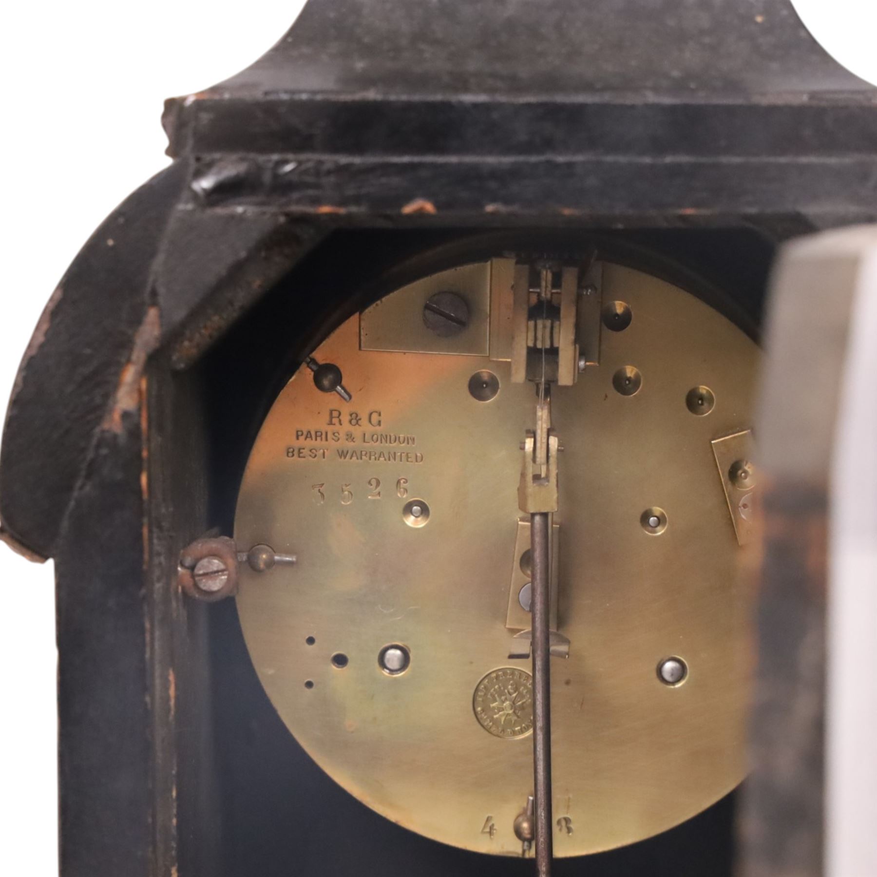 19th century,  French Boulle style mantel clock, drum movement, with a simulated scarlet tortoise shell, gilt brass dial inscribed with Roman numerals upon enamel lozenges, H30cm