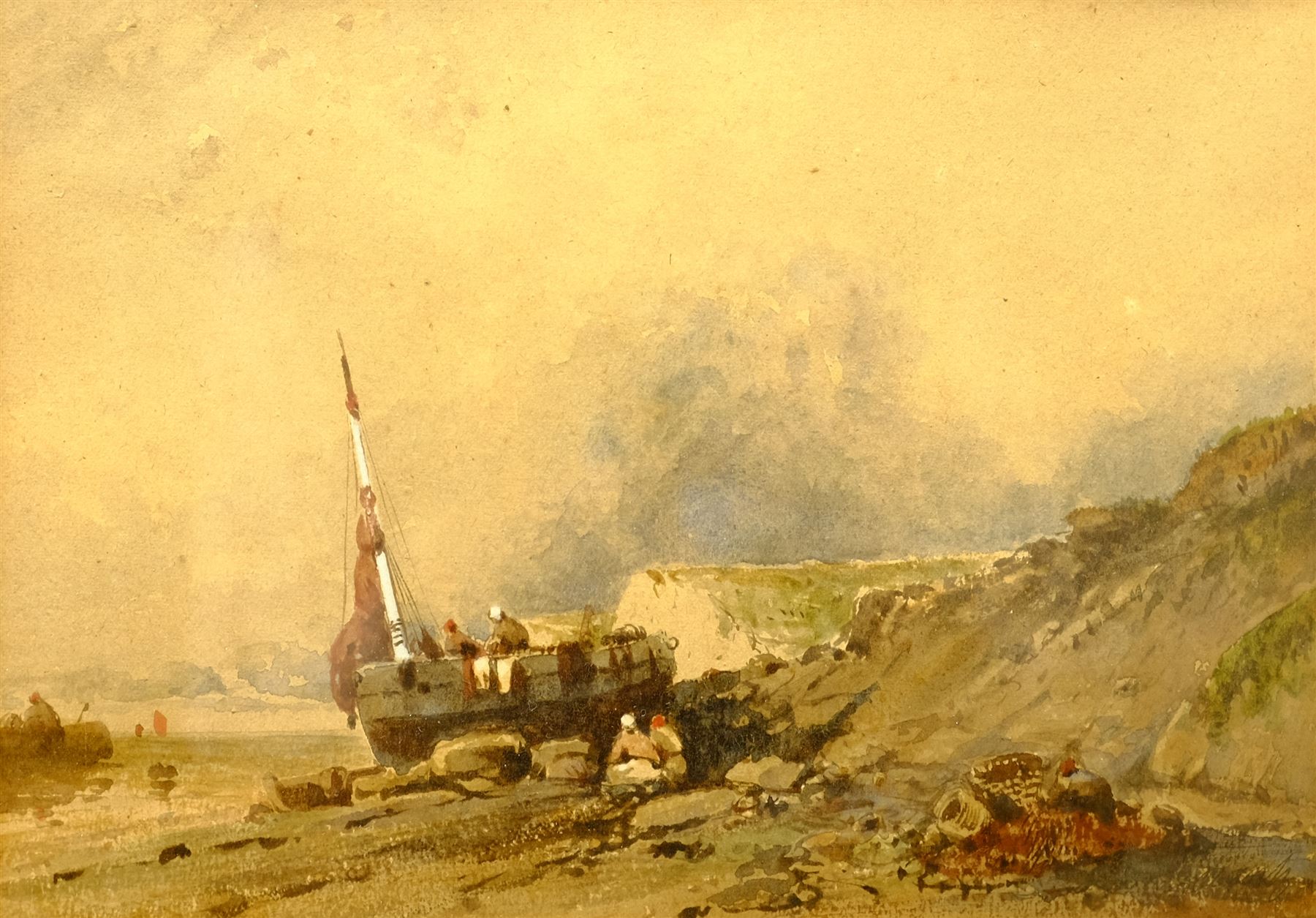 Circle of Henry Barlow Carter (British 1804-1868): Unloading on the Rocks, watercolour indistinctly signed 17cmx25cm