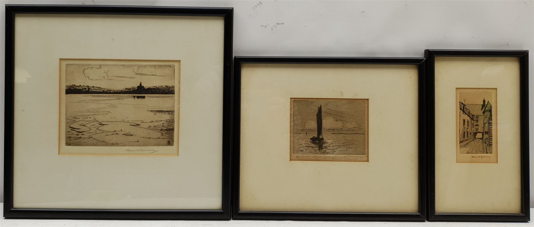 Alexander Cameron (British exh.1921-1929): Coastal Views and Cobblestone Alley, three etchings signed max 11cm x 15cm; Stuart Johnston (British 20th century): Gondoliers Down a Venetian Canal, etching signed and numbered 3, 28cm x 18cm; together with three further etchings by Arthur J Cherry, max 13cm x 9cm (7)