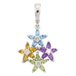 14ct white gold multi gemstone set flower head pendant, round brilliant cut diamond, with marquise cut peridot, amethyst, blue topaz and citrine petals, stamped 585