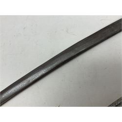 19th century French 1822 Pattern Light Cavalry trooper's sword with 88.5cm slightly curving fullered blade, brass three-bar hilt and wire-bound leather grip; in polished steel scabbard with two suspension rings L110.5cm overall