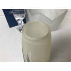 Late 20th century art glass, to include a Robert Held vase, of baluster form with iridescent swirl design, two frosted glass vases with peacock feather design on green and white ground, frosted glass tulip shaped bowl with smoke design and a Rogaska Crystal cobra candlestick, tallest vase 27cm