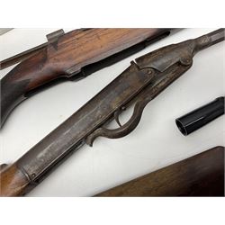 Assorted rifle and pistol spares; early Gem air rifle with sawn off barrel (piece present); telescopic sight; canvas/leather ammunition pouch; Mauser stock; barrel browning solution etc