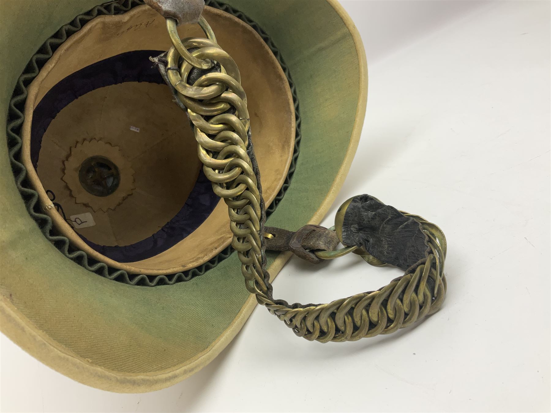 Victorian British tropical pith helmet with brass chain link chin strap