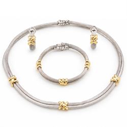 Silver and 18ct gold necklace, bracelet and earrings, two rows of silver mesh, spaced by g...