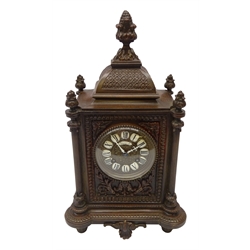  French cast bronze mantel clock, dial with enamel Roman numerals inscribed Phillipe Ft, Palaie-Roy, twin train movement stamped 1149 P.N a Paris striking the half hours on a bell, case with fluted columns and cast leafage, H36.5cm, W30cm  