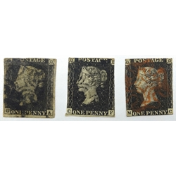  Three Queen Victoria 1d Black stamps, two with black MX one with red MX  