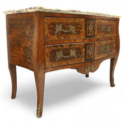 Late 18th-century Louis XV kingwood marquetry commode, rectangular top with original serpentine Breche marble top, above two long crossbanded drawers with rococo style gilt bronze handles and escutcheons in marquetry framed panel in various woods, shaped and centered apron with gilt bronze foliate mounts, sides and drawer fronts with cube geometric marquetry design, on slender cabriole legs with gilt bronze sabots  