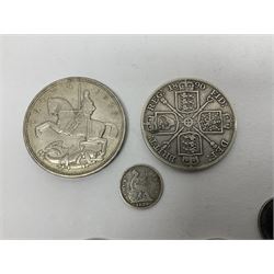 William IIII 1836 fourpence coin, Queen Victoria 1890 double florin, King Edward VII 1904 sixpence, approximately 370 grams of Great British pre 1947 silver coins including King George V 1935 crown and two Queen Elizabeth II Australia 1966 silver fifty cent coins 