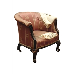  Victorian mahogany upholstered tub shaped armchair, scrolled and moulded exposed arm supports, cabriole supports with recessed brass castors, W70cm  