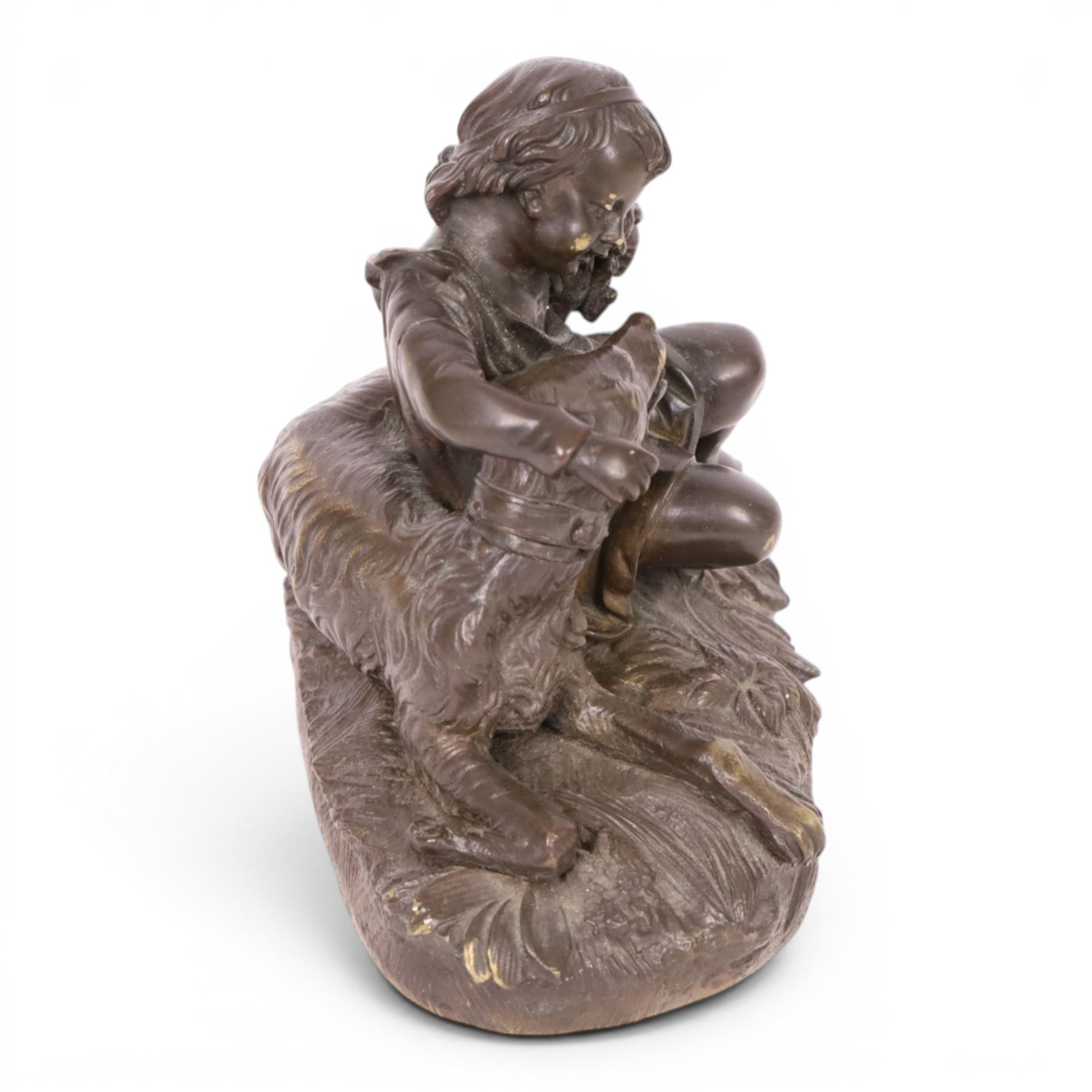 After Auguste Joseph Peiffer, bronzed figure group, Boy with his dog and puppy, H15cm