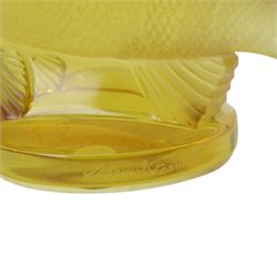 Lalique Perche car mascot in yellow colourway, signed to base, H11cm