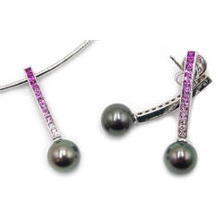 Pair of 18ct white gold pink sapphire and grey pearl pendant earrings, hallmarked and matching pendant necklace by by Mikimoto, stamped K18   