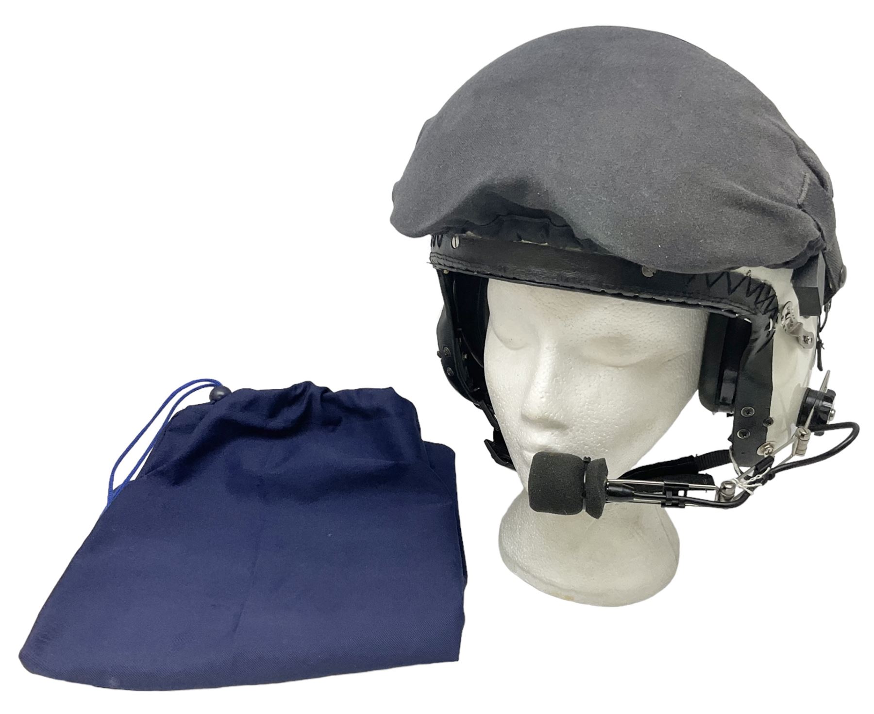 RAF Alpha MK 4 helicopter pilot's flying helmet, finished in white for civilian/rescue service use; reconditioned and avionics tested as working; black cloth cover to visor; fitted with boom microphone; medium size; in blue cloth carrying bag