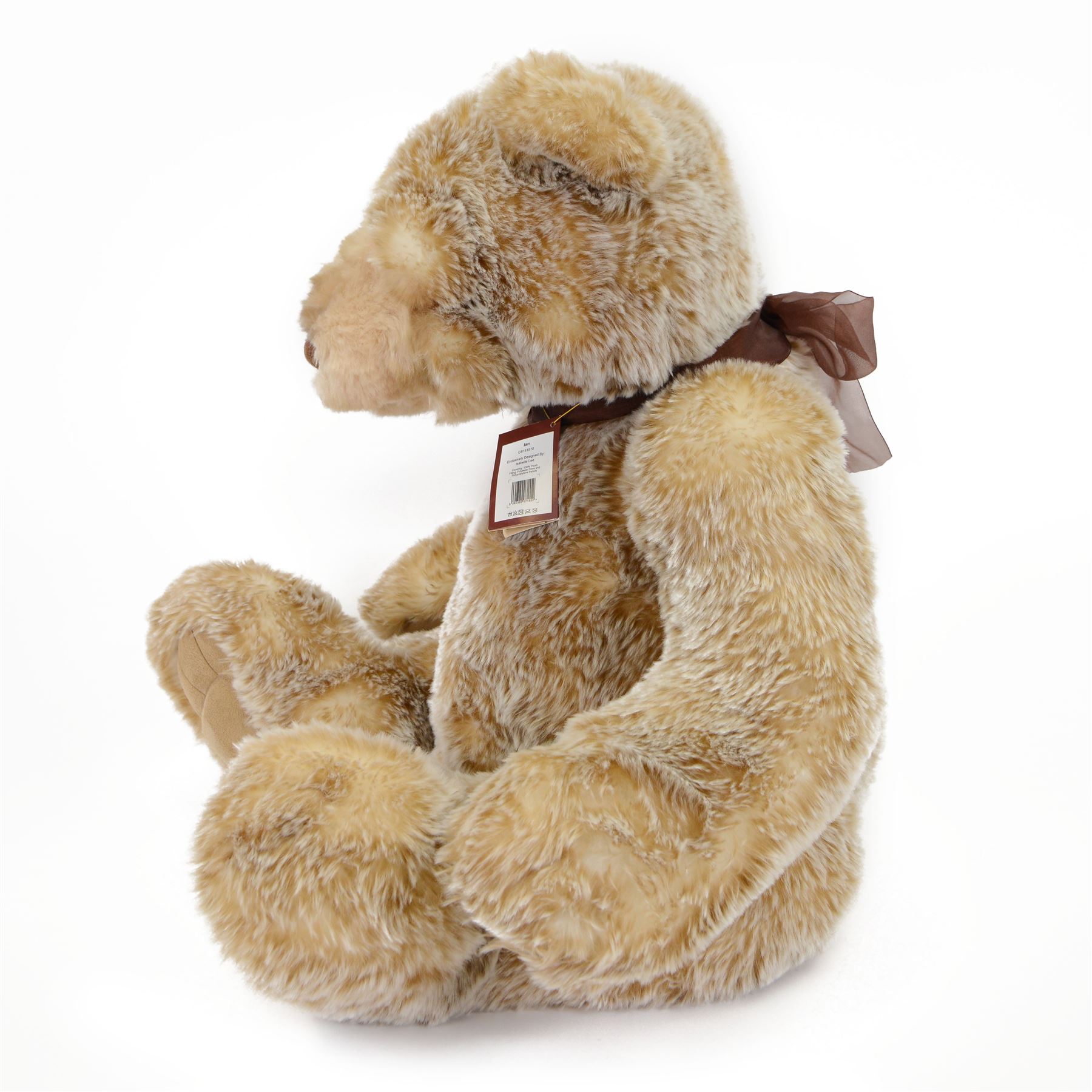 Charlie Bears large plush jointed teddy bear 'Ian', with light brown fur and brown bow, designed by Isabelle Lee, with tags, H87cm 