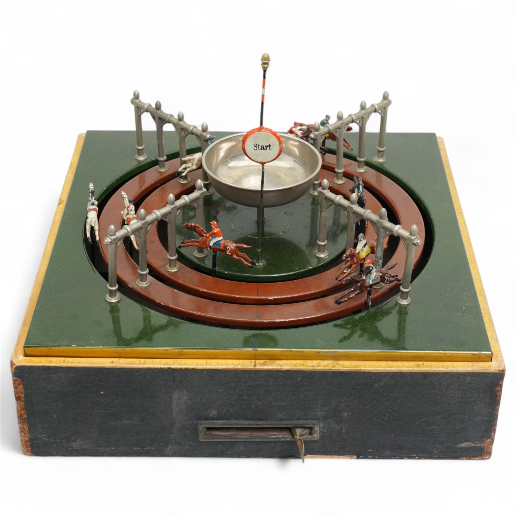 Marklin tin plate lever operated horse racing game with nine numbered horses slotted into tinplate track, wooden box with lift off lid 36cm square