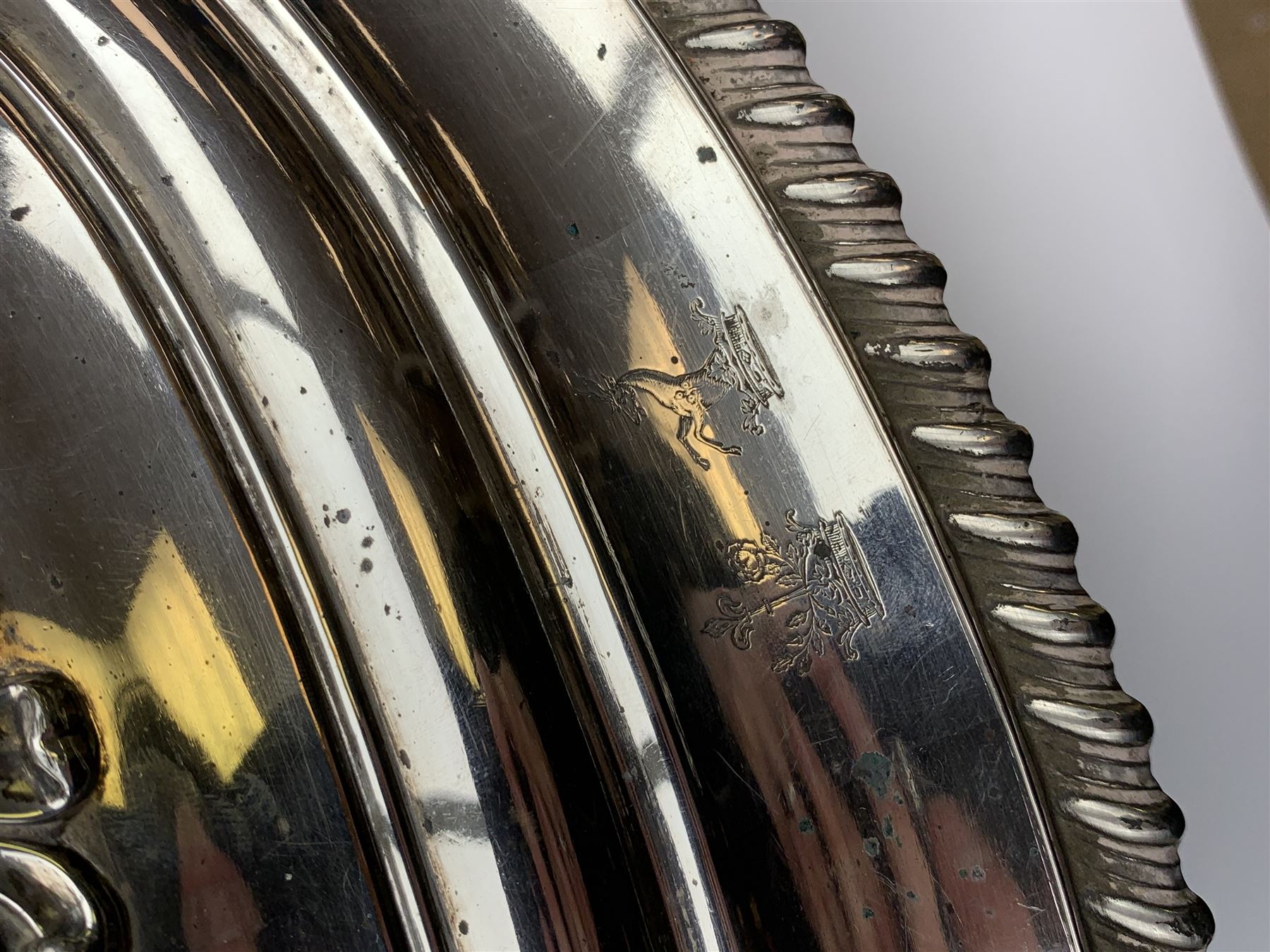 Matthew Boulton silver plated tureen and cover, the body of oval form with twin handles engraved with crest, probably for Whitgreave/Whitgrave family of Moseley Staffordshire, 'Regem Defendere Victum', (To defend the king even in his defeat/To defend the conquered king ), upon four paw feet, the cover with gadrooned rim and foliate loop handle 