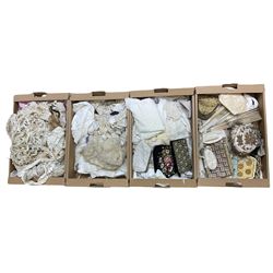 Large collection of antique and vintage textiles, to include various lace, and lace edged, tatting, and embroidered examples, together with various ladies accessories including handheld fans, beaded evening bags, and gloves