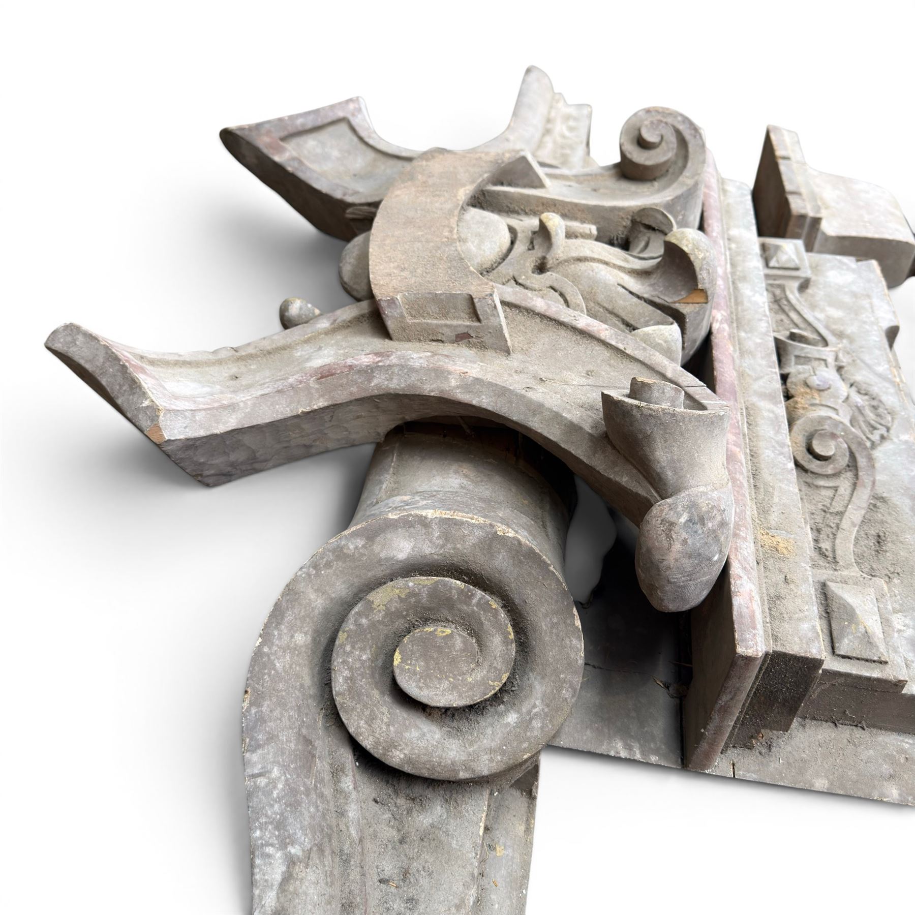 Two 19th century painted pine architectural pediments, one mostly compete with cappings