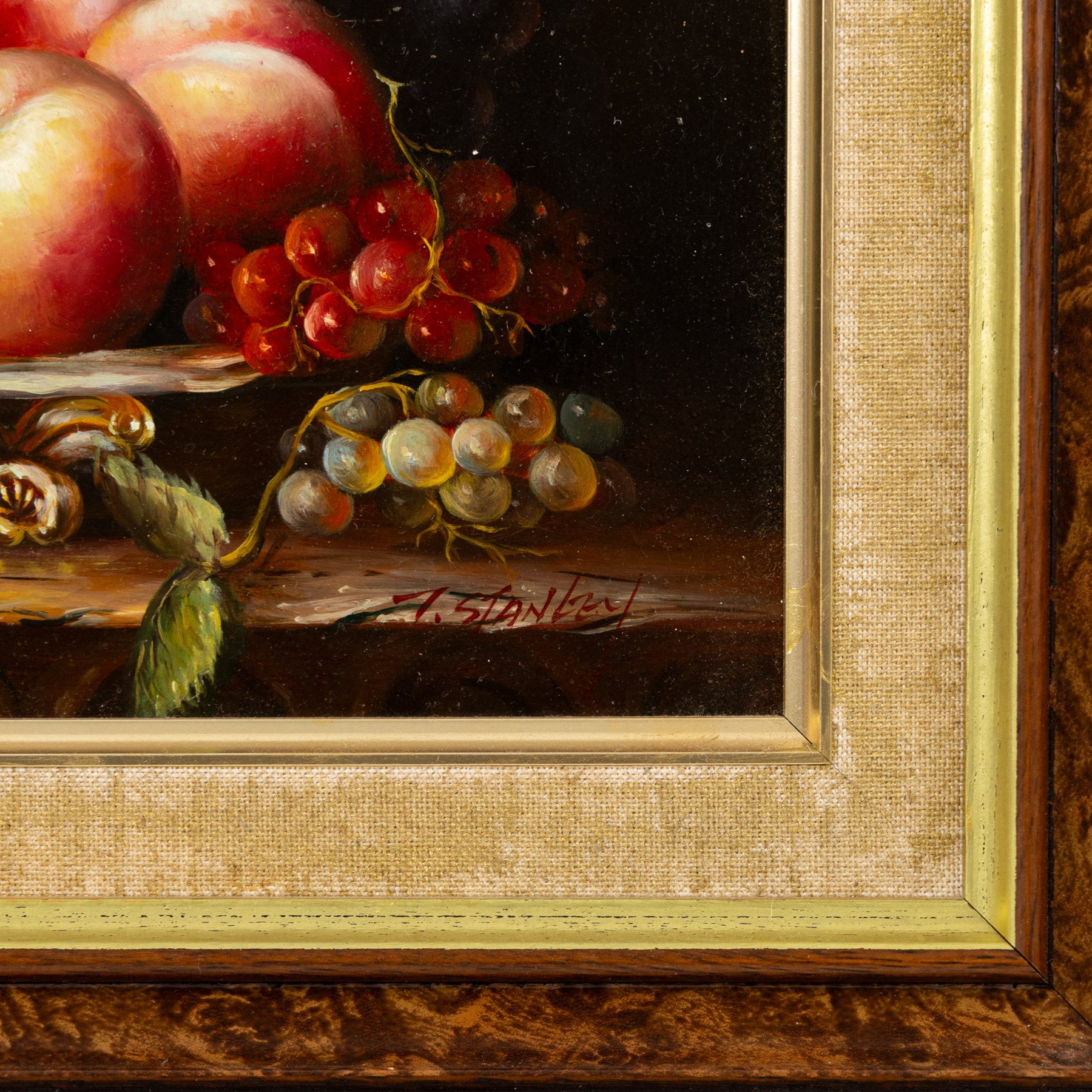 T Stanley (British late 19th/early 20th century): Still Lifes of Peaches Grapes and Foliage, pair of oils on board signed 19cm x 24cm (2)