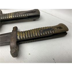 Five 19th century bayonets in relic condition without scabbards comprising British Pattern 1876 socket bayonet with Indian markings; French Model 1874 epee bayonet; and three French Model 1866 sabre bayonets (5)