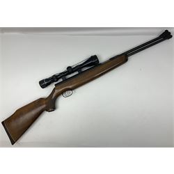 Weihrauch model HW 77 K  .22 air rifle with under lever action, beech stock with chequered pistol grip and Tasco WA39x40-1 scope, serial no.1283661 L102cm overall NB: AGE RESTRICTIONS APPLY TO THE PURCHASE OF THIS LOT