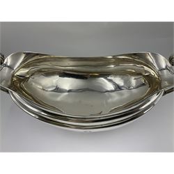 1920s silver twin-handled pedestal bowl, of navette form with twin bifurcated acanthus capped scroll handles, engraved with initial R to body and upon spreading oval foot, hallmarked Hawksworth, Eyre & Co Ltd, Sheffield 1925, including handles H21.8cm