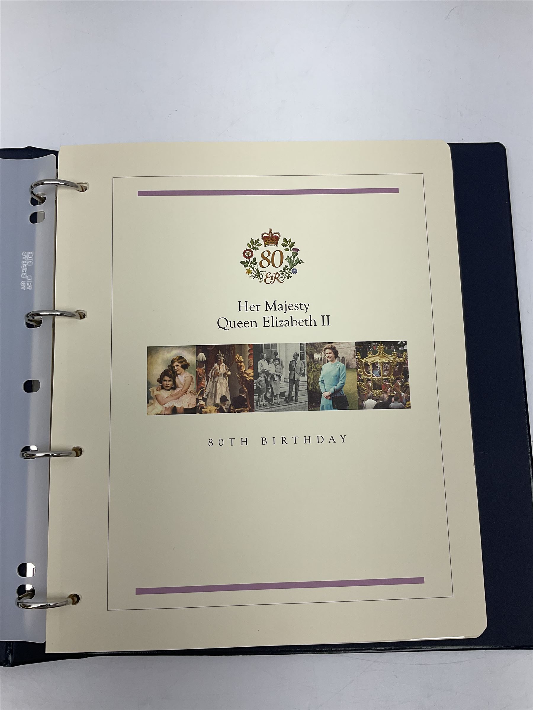 Stamp and coin covers, including 2006 'Her Majesty Queen Elizabeth II 80th Birthday' containing five pounds coin, first day covers relating to Diana Princess of Wales etc, housed in a ring binder folder