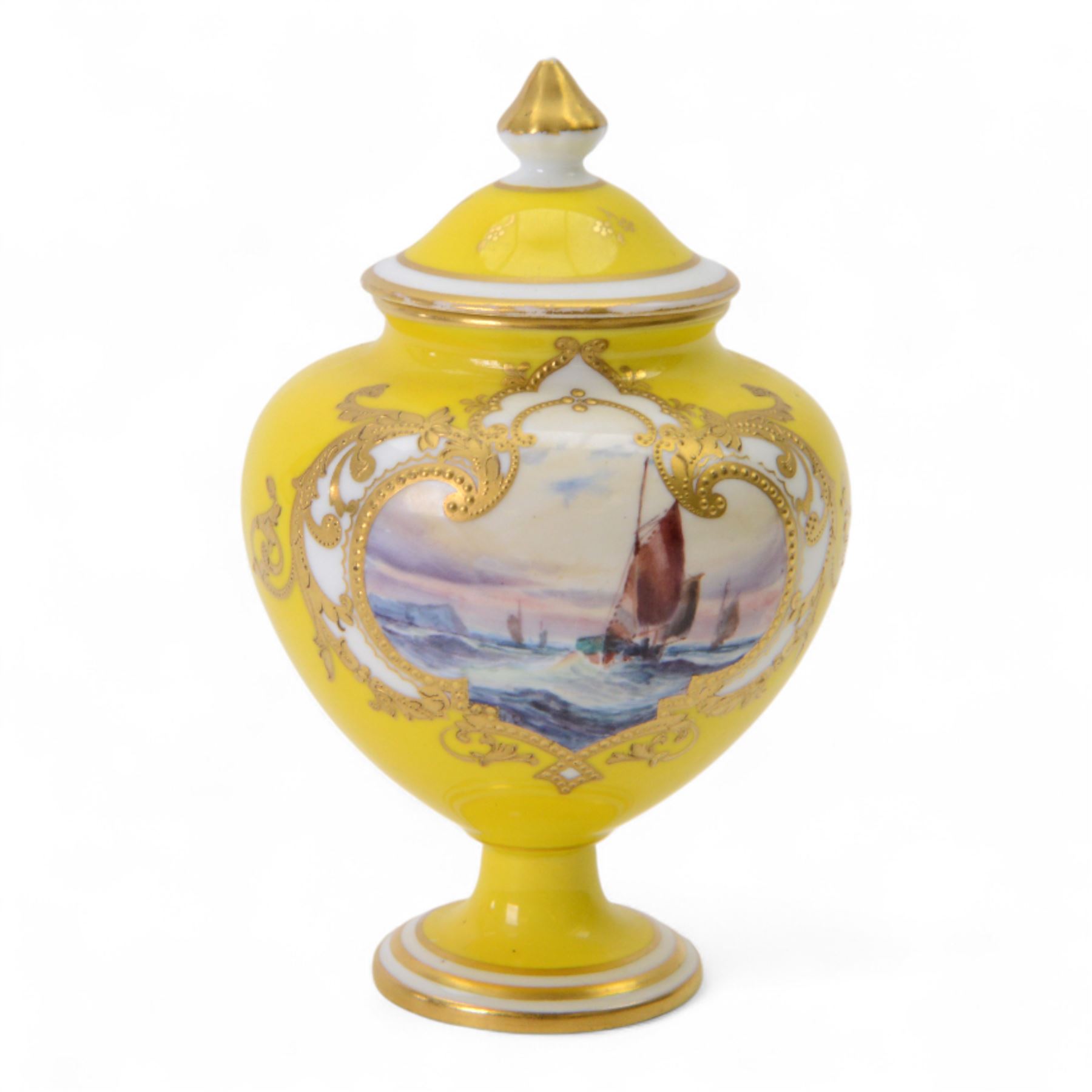 Royal Crown Derby miniature vase and cover, painted with shipping scene on yellow ground, with printed mark beneath, H12cm