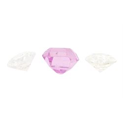 Loose octagonal cut pink sapphire stone of 0.44 carat, with World Gemological Institute report and two loose round brilliant cut diamonds of approx 0.35 carat total weight