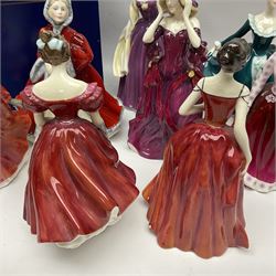 Eight Royal Doulton figures, comprising Rachel HN2936, The Skater HN3439, Janine HN2461, Innocence HN2842, Special Celebration HN4234, Autumn HN4272, Fiona HN2694 and Winsome HN2220, together with three smaller Royal Doulton figures My First Figurine HN3424, Buttercup HN3268 and Autumn Breezes HN2176