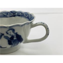 18th century Chinese blue and white Kangxi teacup and saucer, decorated with dancing figures, four character Kangxi mark beneath, saucer D10cm