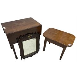 George III mahogany Pembroke table, rectangular drop-leaf top, on square tapering supports with block feet (69cm x 46cm, H70cm); mahogany side table, rectangular top with rounded corners; 
mahogany fretwork mirror (3)