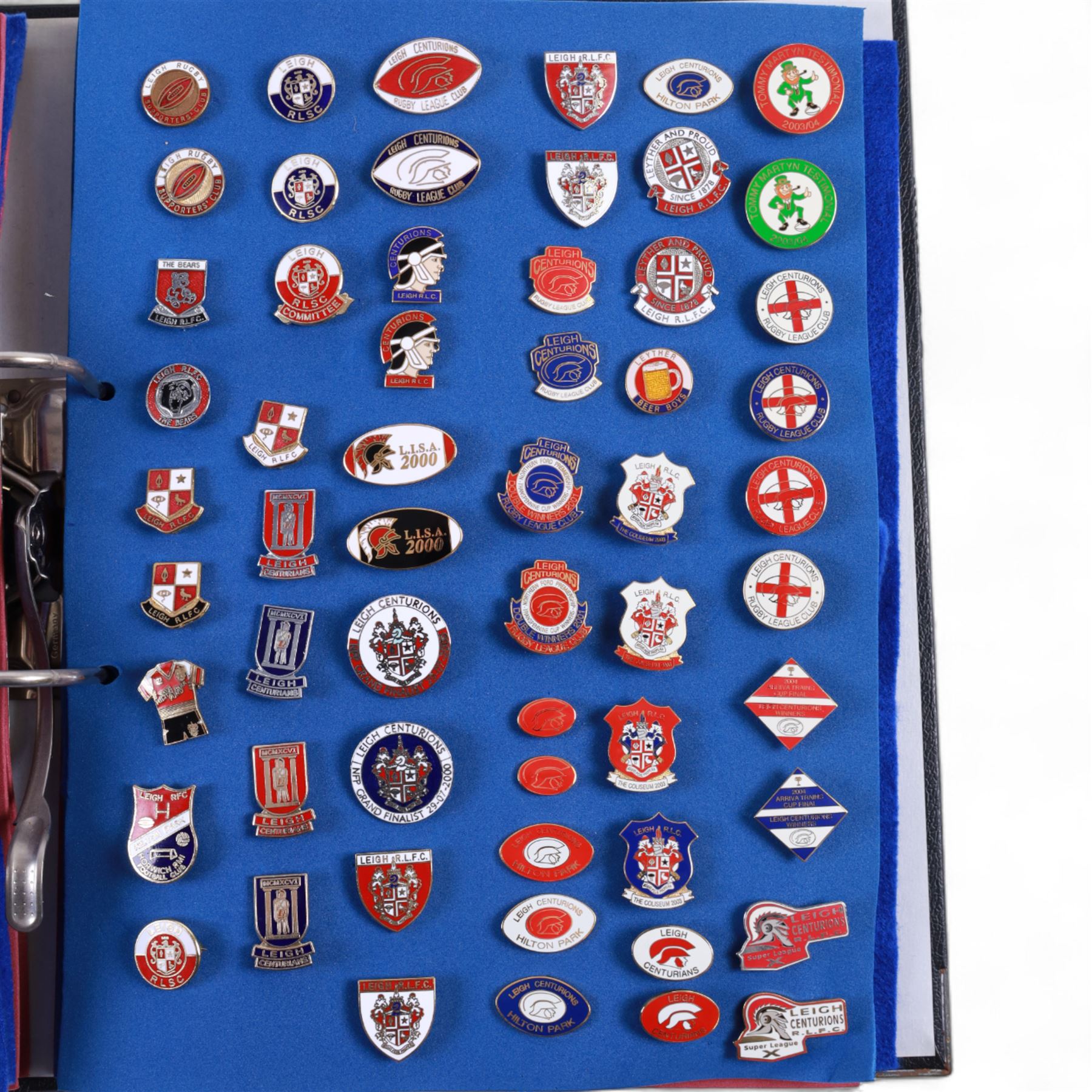 Rugby league enamel badge collection, from clubs including Leeds Rhinos, Lancashire Lynx, Leigh Centurions, London Broncos, Trafford Borough,Toulouse,  Belle Vue Rangers, Carlisle, Nottingham City Outlaws, housed in two folders, (approximately 280)