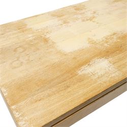 Late 20th century solid light oak refectory style dining table, rectangular top raised on square supports united by stretcher (W180cm D100cm H81cm); Set of six light oak high-back dining chairs with burgundy leather seats (W49cm H109cm)