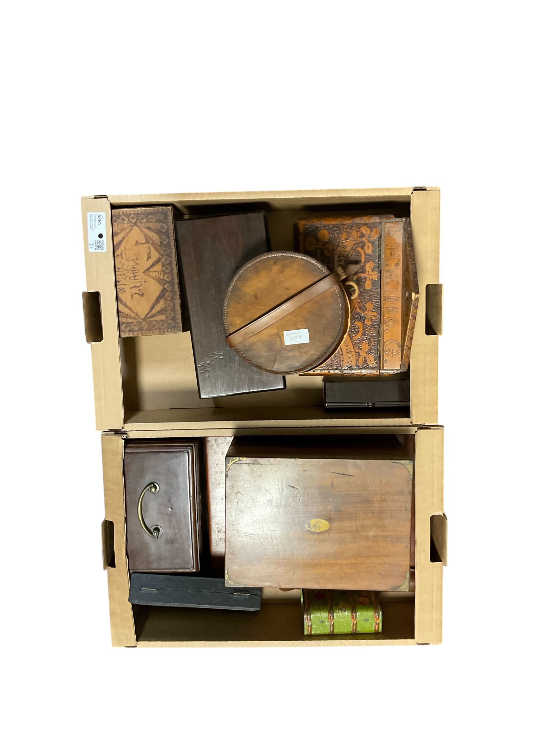 Two Pokerwork boxes, together with writing slope and various other boxes 