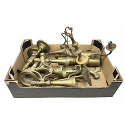 Quantity of brass ware, to include two pairs of candlesticks, three branch electrolier, fireside tools, pair of Mark 3 6 Pounder brass shell case vases, etc