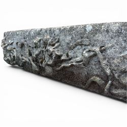 Pair of rectangular weathered cast stone planters, ornate moulded detail