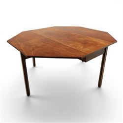 Mahogany octagonal drop lead dining table, on square supports, extends to 149cm