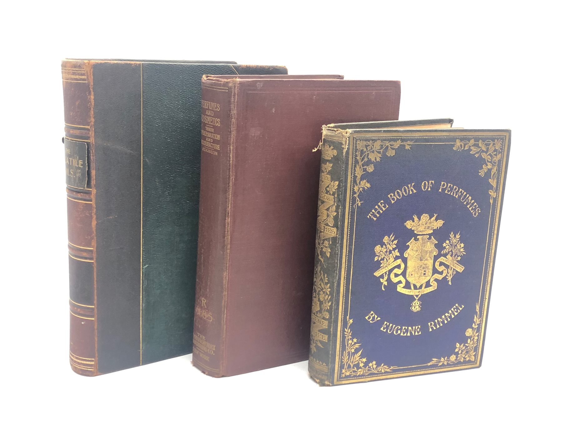  Gildemeister & Hoffman: The Volatile Oils. 1900 Milwaukee. Maps and illustrations. Half morocco binding  Rimmel Eugene: The Book of Perfumes. 1865. Decorative blue cloth/gilt binding and Askinson George William: Perfumes and Cosmetics Their Preparation and Manufacture. 1922 (3)  