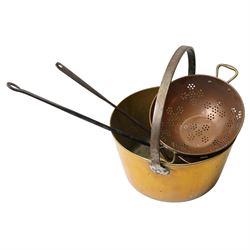 Two Victorian brass and copper warming pans, brass preserve pan, oak bellows and other items